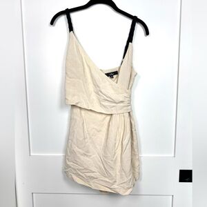 Lulus Tan Black V Neck Braided Strap Crossover Linen Blend Romper Size XS